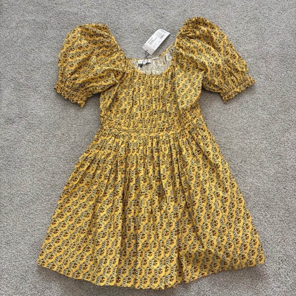 Rhode Anika Mini Dress Womens L Yellow Floral Puff Sleeve Peasant Boho Cottage - Picture 1 of 9